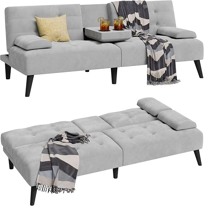 Nuturelly Convertible Sofa Bed Futon Couch Small Velvet Sleeper Sofa with Removable Armrests and Folding Cup Holders Upholstered Loveseat for Small Spaces Apartment Living Room(Light Gray)