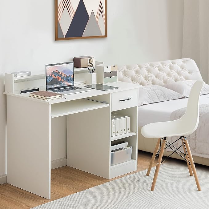 COSTWAY Computer Desk with Hutch Home Office Desk with Drawer Adjustable Shelf &amp Keyboard Tray Study Writing Desk Executive Workstation for Living Room Bedroom &amp Study (White)