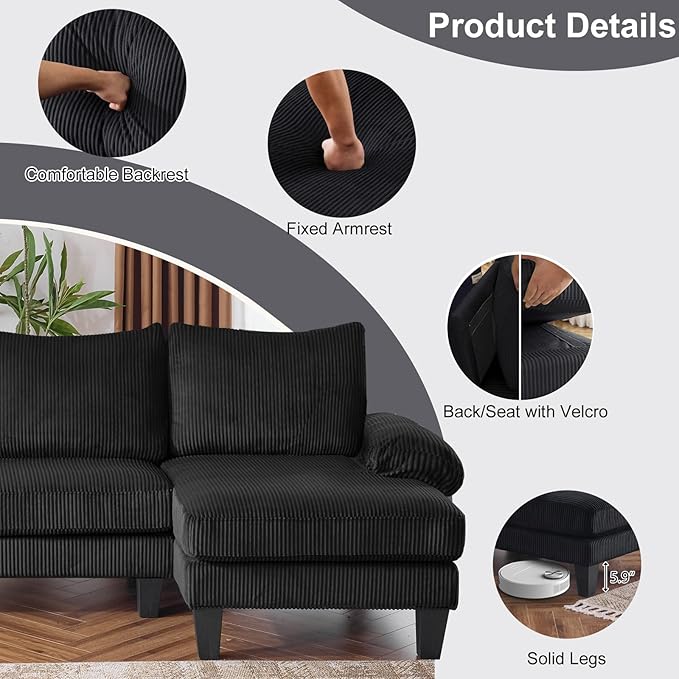Karl home 111 Sectional Sofa U-Shaped 4-Seat Couch with Chaises Wood Grian Legs Corduroy Fabric Upholstered for Living Room Apartment Office Black