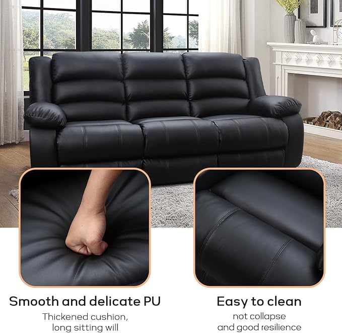 EBELLO Faux Leather Manual Reclining Sofa with 2 Concealed Cup Holders Overstuffed Armrest 3 Seat Recliner Couch for Living Room Bedroom Meeting Room Black