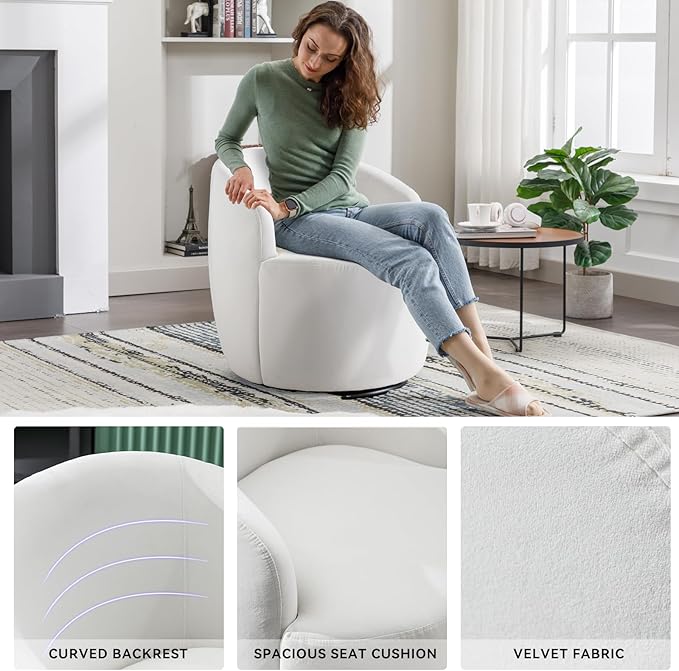 FOXHUNTER Swivel Barrel Chair 360° Small Single Sofa Armchair Comfy Round Sofa Chair Boucle Chairs Padded Armchair Modern Round Accent Arm Chairs for Living Room Bedroom Velvet White