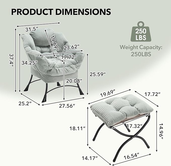 NIOIIKIT Leisure Lazy Chair with Ottoman Corduroy Upholstered Lounge Armchair with Side Pocket Comfy Reading Chair Lazy Sofa Chair for Living Room Bedroom Office (Light Green)