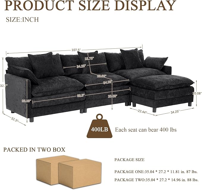 107 L Shaped Modern Sofa Modular Sectional Upholstered Double-Layer 3 Seater Cloud Couch Chenille Deep Seat Sofa with Throw Pillows &amp Movable Ottoman for Living Room Apartment Black