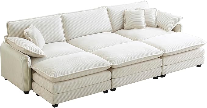 115.34 in Modular Sectional Couch 3 Seat Extra Deep Corduroy Sofa with 3 Ottoman Footrests 2 Arm Pillows &amp 3 Throw Pillows Upholstered Comfy Couches for Living Room Bedroom Apartment Beige