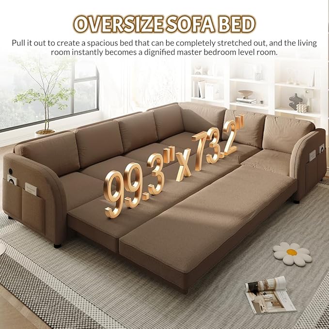 115'' L-Shaped Sectional Sleeper Sofa Bed 6-Seater Pull-Out Couch Bed with Comfy Teddy Fabric USB Ports Modular 3-in-1 Convertible Sleeper Couch for Living Room Apartment Brown | Teddy Upholstere