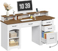 58 Executive Desk Farmhouse Computer Desk with Drawers Wooden Office Desk with File Cabinet Charging Station Monitor Stand for Work and Study White and Walnut CDBZ10E01