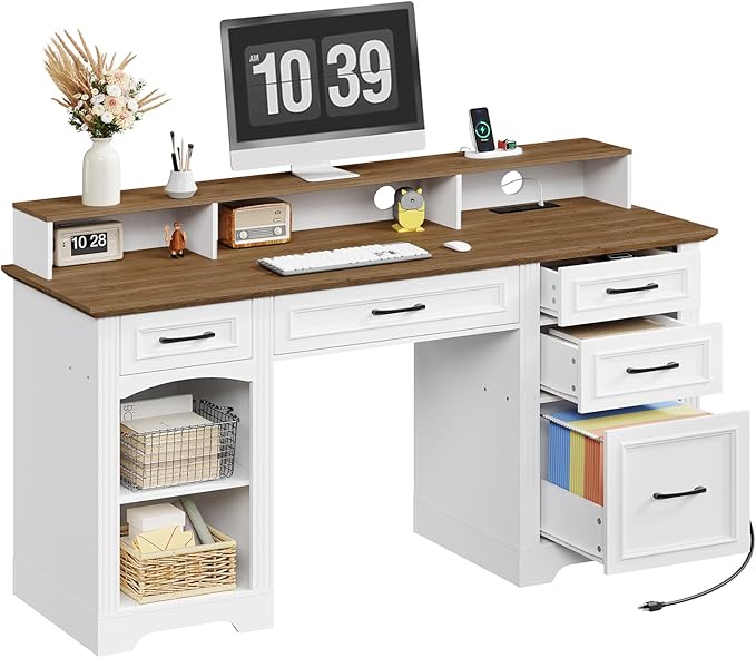 58 Executive Desk Farmhouse Computer Desk with Drawers Wooden Office Desk with File Cabinet Charging Station Monitor Stand for Work and Study White and Walnut CDBZ10E01