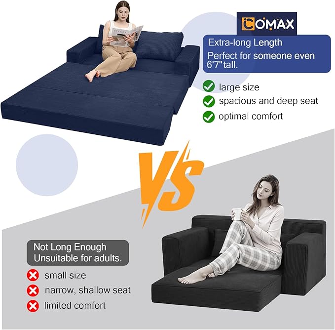 COMAX Convertible Sofa Bed Queen Corduroy Folding Floor Couch Pull Out Couch Bed Futon Sleeper with Pillows Fold Out Boneless Sofa Comfy Lounge Mattress Loveseat for Living Room Bedroom Navy