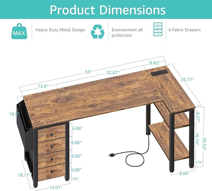 Lufeiya L Shaped Computer Desk with Drawers &amp Storage Shelves 55 Inch Corner Desk with Power Outlet for Home Office Bedroom L-Shaped Teen PC Gaming Desks with Fabric Drawer Rustic Brown