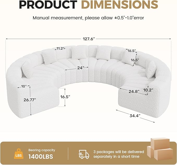 Oversized Curved Sofa 6 Seater Modular Velvet Cloud Couch Modern Boneless Sectional Couches for Living Room No Assembly Required White 1PC