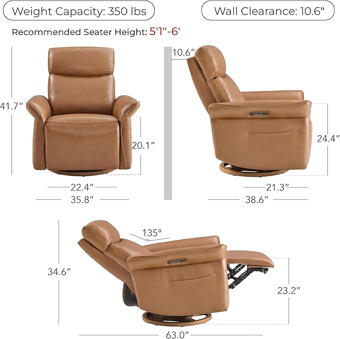 CHITA Genuine Leather Power Recliner Chair Electric Triple-Motor Swivel Glider Nursery Rocking Chair with Adjustable Power Headrest and Lumbar Support GREENGARD Gold Certified Saddle Brown