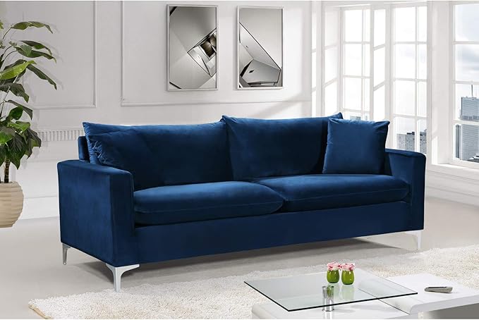 Meridian Furniture Naomi Collection Modern | Contemporary Black Velvet Upholstered Sofa with Stainless Steel Base in a Rich Gold or Chrome Finish (633Black-S)