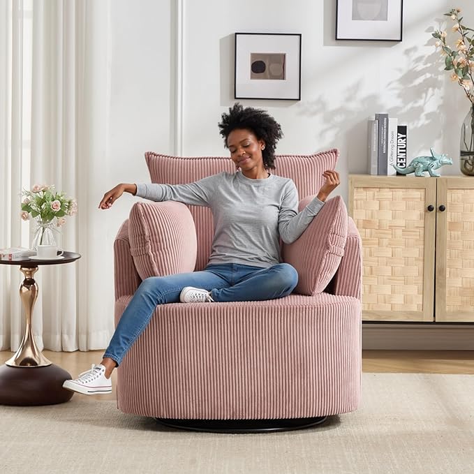 Pink Accent ChairPink Swivel ChairSwivel Barrel ChairUpholstered Living Room Chair Corduroy Reading Chair Single Sofa Chair for Bedroom Apartment Office (Corduroy)