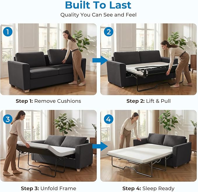Mjkone 71 W Full Size Pull Out Sofa Bed Sleeper with Memory Foam Pillows and Mattress Convertible 2-in-1 Loveseat Sleeper Sofa Couch with Pullout Beds for Home Living Room Small Spaces Dark Grey