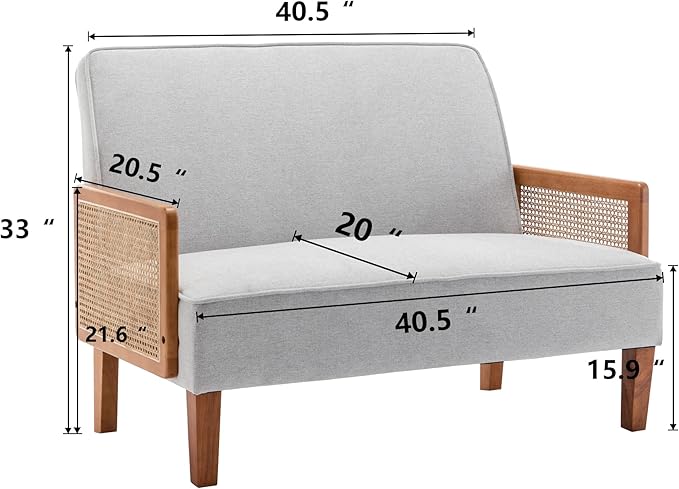 WENTMENT Loveseat Sofa Small Couch for Living Room Love Seat with Natural Rattan Armrest and Solid Wooden Legs Sofa for Small Space Bedroom Apartment（Grey）