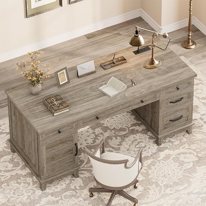 60 Inch Farmhouse Computer Desk with Charging Station &amp File Cabinet Wooden Office Desk with Power Outlets USB Ports and Ample Storage Drawers for Home Workspace Executive Writing Table.