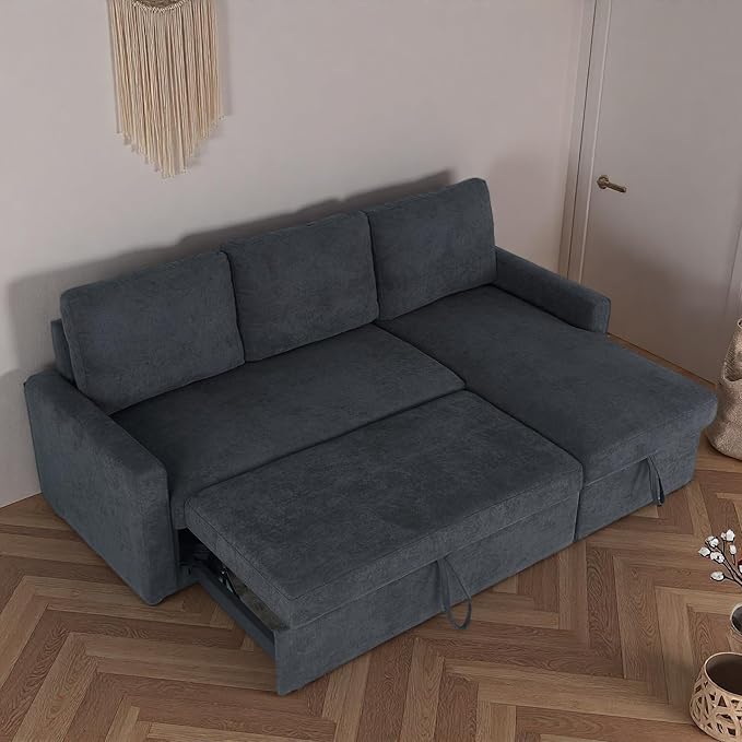 Sleeper Sofa Couch with Pull Out Bed L Shaped Couch Bed with Storage Sectional Sleep Couches Convertible Sleeper Sofa Beds W/Reversible Chaise&ampBack Cushion for Living Room Black
