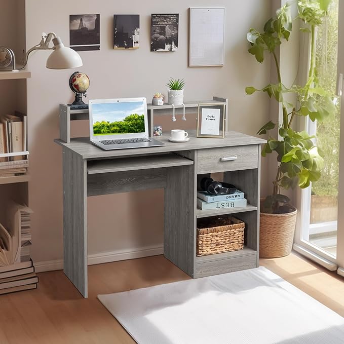 Karl home Computer Desk Study Writing Desk Wooden Home Office Workstation PC Laptop Table with Drawer Shelf Keyboard Tray Grey
