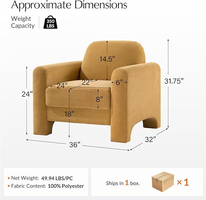 HULALA HOME Modern Curved Accent Club Chair Chenille Armchair Upholstered Sofa Chair with Wrapped Armrests Comfy Reading Armchair for Living Room Easy Assembly Camel
