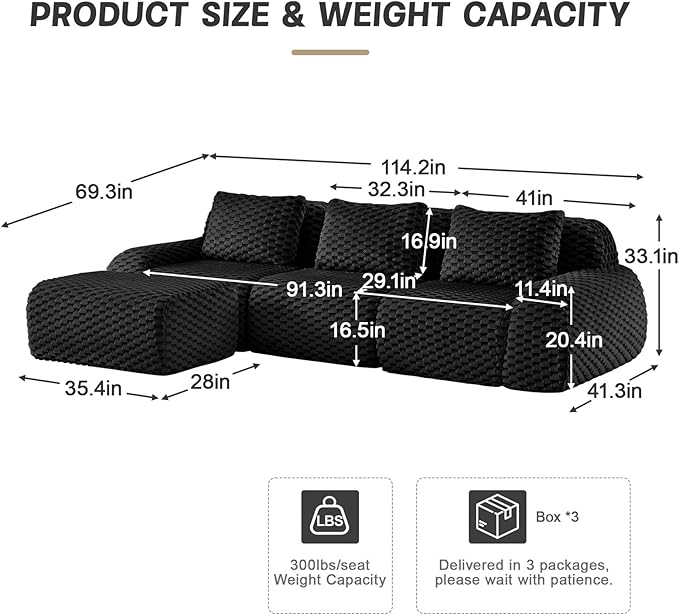 114 Oversized Modular Sectional Sofa Flannelette 3-Saeter Boneless Couch with Ottoman Comfy Deep Seat Cloud Couch Highly Textured L Shaped Sectional Couches for Living Room No Assembly Black