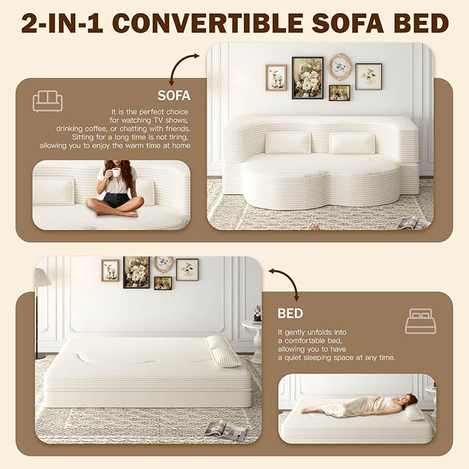 Modern 2-in-1 Convertible Sofa Bed 78 Full Size Corduroy Floor Sofa with 2 Pillows Folding Mattress Sleeper for Living Room &amp Guest Room No Assembly Required