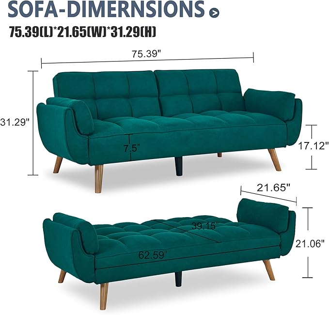 Convertible futon Sofa Bed Sleeper Sofa Bed with Adjustable backrest Small Space Small Sofa Living Room Bedroom (Green)