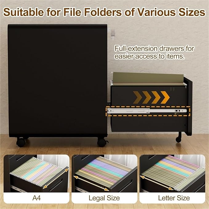 Mobile File Cabinet 3 Drawers File Cabinet Mobile Filing with Lock Steel Fully Assembled Except Casters for Home Office for A4 Letter(Black)