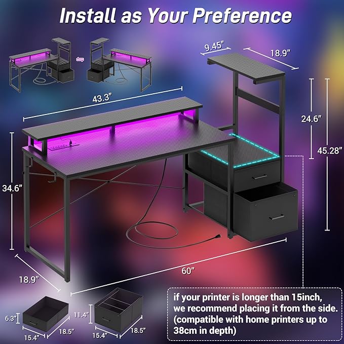 Aheaplus Gaming Desk with LED Strip &amp Power Outlet 59Inch Reversible Computer Desk with Monitor Stand &amp Storage Shelves Home Office Desks with Fabric File Drawer PC Gamer Table Carbon Fibe