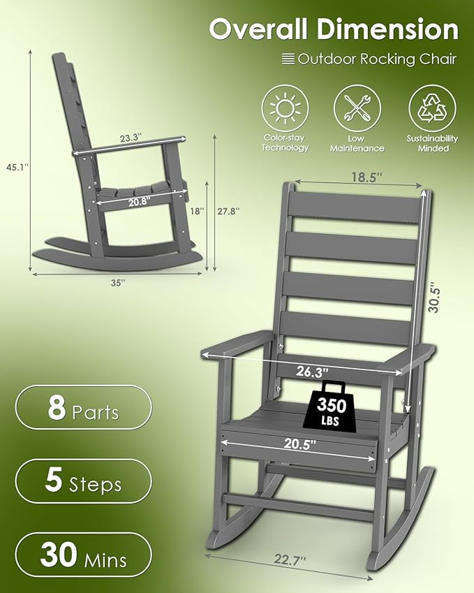 GREENVINES Outdoor-Rocking-Chairs-Set-of-2 | HDPE Plastic | Patio Rockers | Porch Rocker Chair | Shaker | Oversized | High Ladder Back | Big &amp Tall | PentaLuxe | Grey