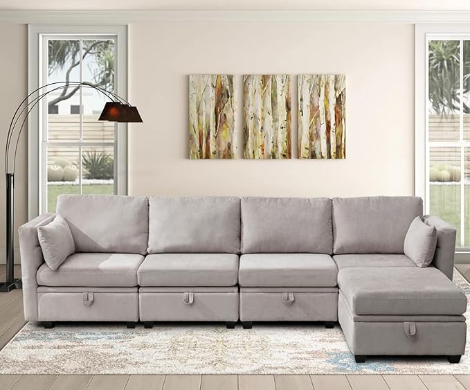 107 Modular Sectional Couch with Storage Seats 4 Seater L Shaped Couch with Ottoman Convertible Small Storage Sofa with Reclining Arms and Backs for Living Room Apartment Office Loft(Gray)