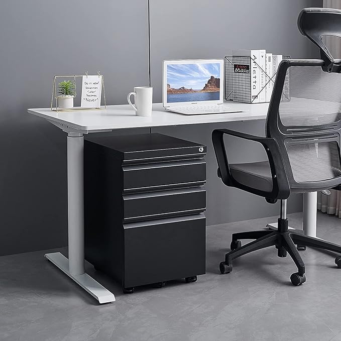 3 Drawer Mobile File Cabinet Under Desk Office with Lock Metal Filing Cabinet to be Installation Required Under Desk Metal Filing Cabinets Legal/Letter/A4 File (Black)
