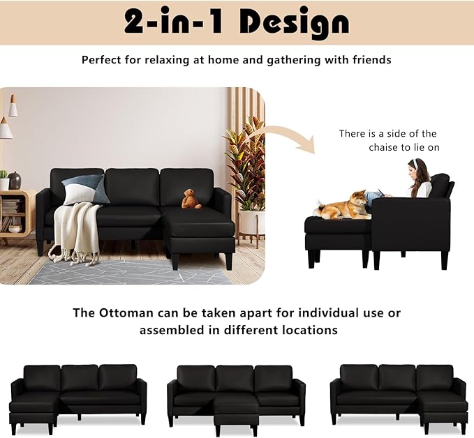 TITIMO Faux Leather Sectional Sofa L Shaped Sofa with Reversible Chaise Convertible Sectional Couch 3-Seater Modern Small Couches for Small Space (Black)