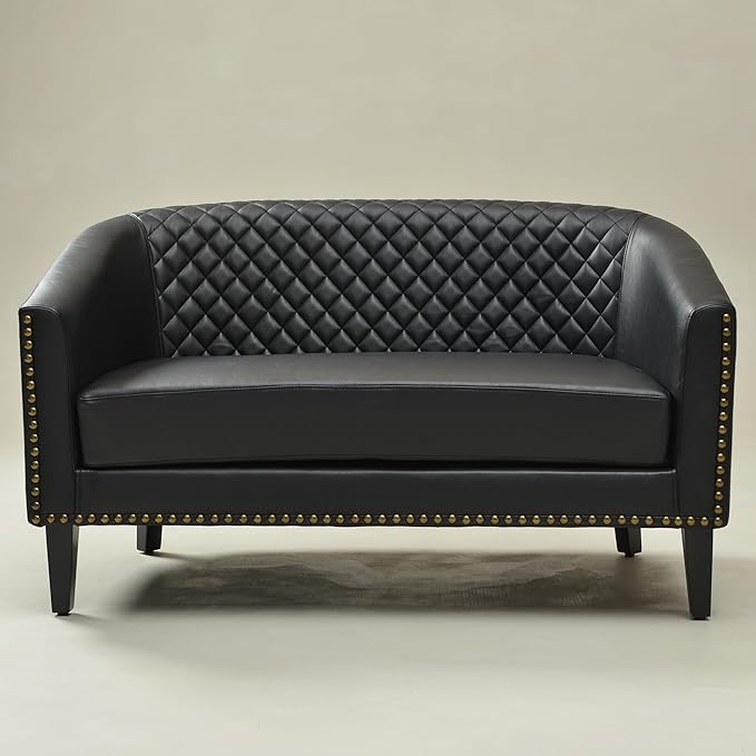 KINWELL 50 Faux Leather Upholstered Loveseat Sofa with 2 Swivel Barrel Accent Chairs Minimalist Comfy 2-Seater Couch and Armchair for Small Spaces Apartment Black