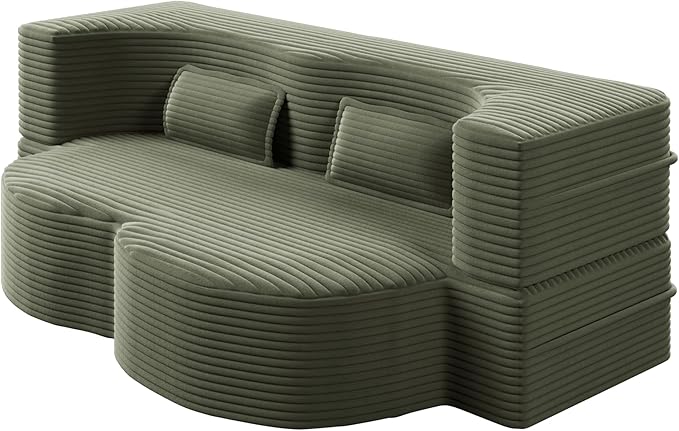 78 Futon Sofa Bed 2-in-1 Foldable Floor Sleeper Sofa Convertible Corduroy Curved Loveseat with 2 Pillows Full Mattress Bed Upholstered Boneless Couches for Living Room Apartment Green