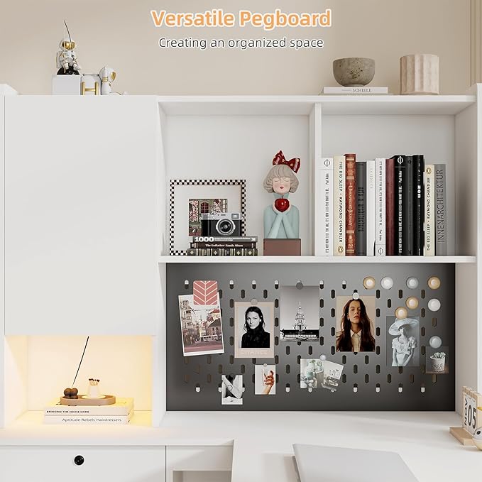 L Shaped Desk with Hutch and 4 Drawers Computer Desk with USB Ports Power Outlets &amp LED Light Wood Corner Computer Desks with Storage Shelves for Home Office White Right Long