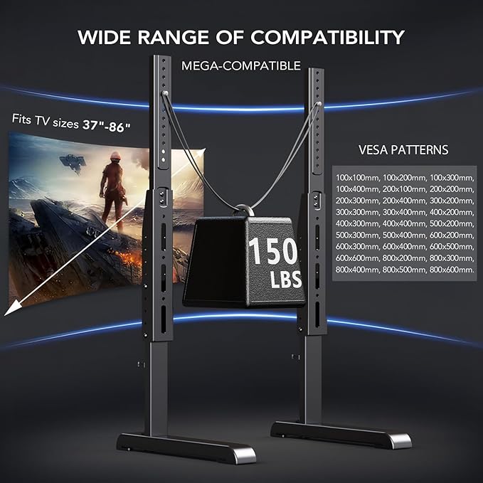 AX WABER Table Top TV Stand with Height Adjustable TV Legs Replacement for Most 37-86 Inch Flat Curved TVsSteel TV Base Feet Holds up to 150 lbs with Cable Management Max VESA 800x600mm Black
