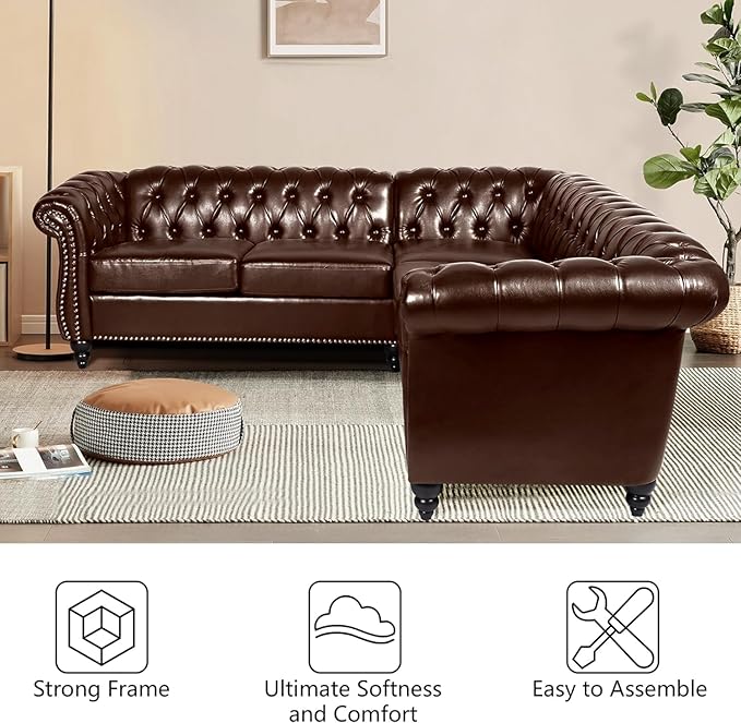 QHITTY Sectional L-Shaped Sofa Chesterfield Faux Leather Couch 5 Seater Upholstered Small Accent Tufted Sofa with Nailhead Design and Rolled Armrest for Living Room Apartment Office (Dark Brown)