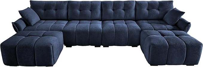 Aoowow Modular Sectional Sofa with Movable Ottoman 141.7” Chenille U Shaped Sofa Couch Upholstered Comfy 4-Seater Couches with Pillows for Living Room Apartment OfficeBlue