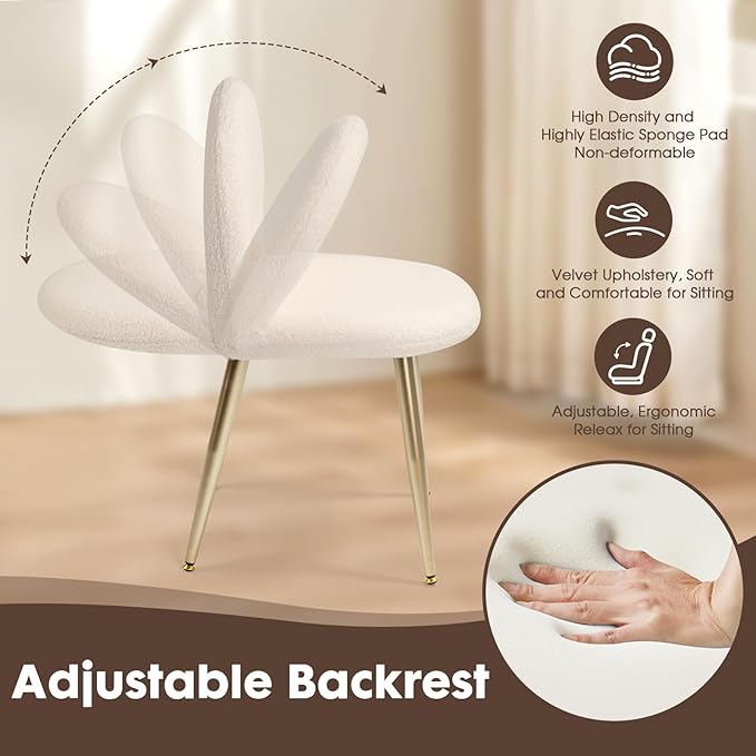 Vanity Chair with Adjustable Backrest Boucle Upholstery Armless Makeup Stool Cream White Sherpa Vanity Stool with Gold Metal Legs for Bedroom Living Room Kitchen Dinning Room(White)