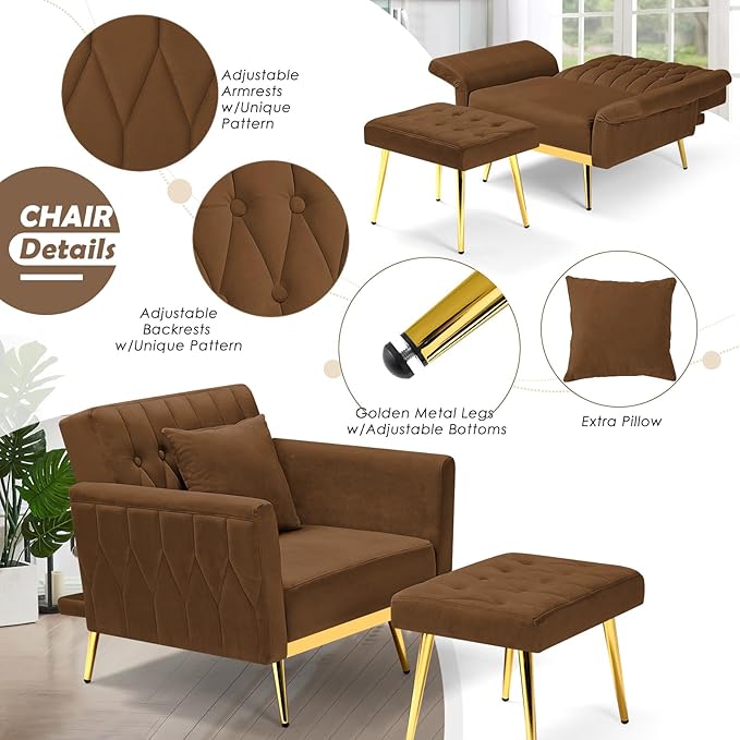 Velvet Accent Chair with Adjustable Backrest and Armrests Single Recliner Armchair with Ottoman and Golden Mental Legs for Living Room Bedroom and Waiting Room Brown