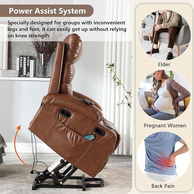 Faux Leather Electric Recliner Lift Chair with Massage and Heat for Elderly Adult Power Lift Recliners Chairs with Cupholders Side Pockets for Living Room Bedroom Lounge