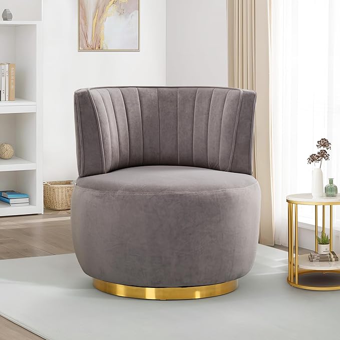 SLEERWAY 360° Swivel Barrel Chair Modern Velvet Round Accent Chair Comfy Upholstered Small Armchair with Gold Metal Base for Living Room Bedroom Nursery Office Sillas para Sala Gray