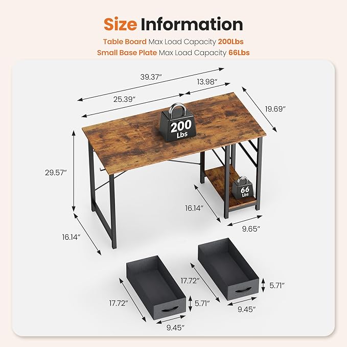 Sweetcrispy 40 Inch Computer Desk with Drawers for Home Office Writing Desk with X-Shaped Reinforcement Wood Table with Adjustable Position Drawers Modern Study Work Table with Side Hook Rust