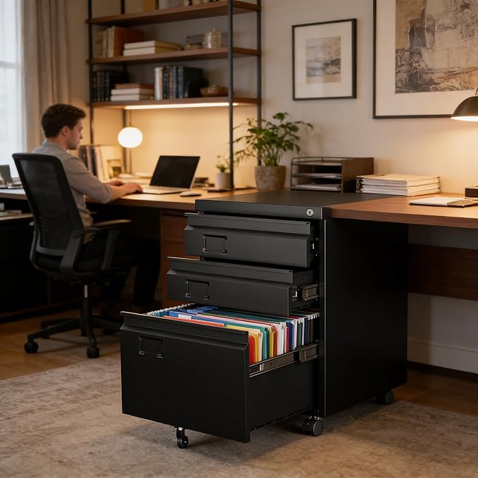 SUXXAN 3 Drawer File Cabinet with Lock Metal Under Desk Cabinet with Wheels for Office &amp Home Legal/Letter Size Need to Assemble