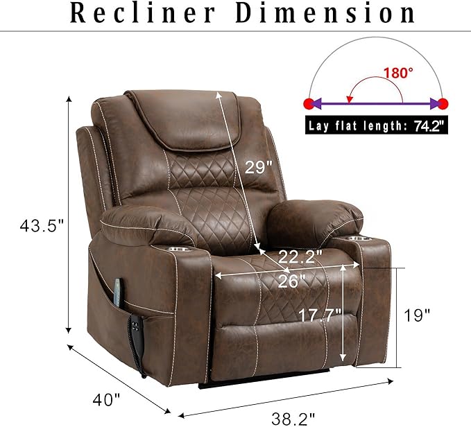 Large Power Lift Recliner Chair Sofa with Massage and Heat for Big and Tall ElderlyInfinite PositionsDual MotorCup HoldersExtended FootrestAir Leather Home Theater Seat