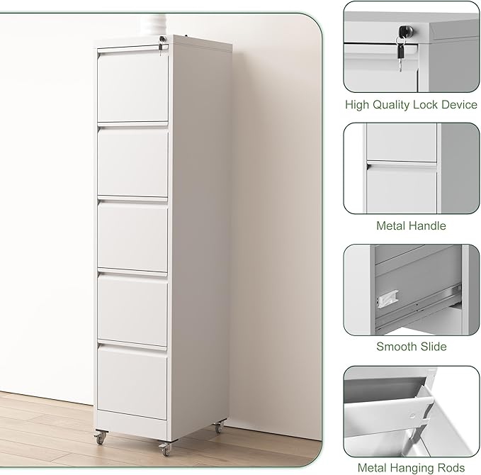 5 Drawer Small File Cabinet with Lock on Wheels Under Desk Locking Storage Cabinet Organizer for Home Office Filing Filing CabinetsWhite