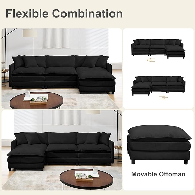 Modular Sectional Sofa108.27'' Modern Corduroy Sofa Set for Living Room with 3 Seat &amp 1 Ottoman &amp 3 Pillows Comfy Cloud Couches with Movable Ottoman DIY Combination Chenille (Black L Shap