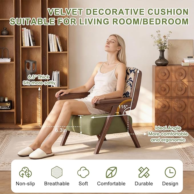 Accent Chair Mid Century Modern Chair Velvet Upholstered Lounge Arm Chair with Solid Wood Cozy Reading Chair for Living Room Bedroom Balcony (Feather Print Single Chair)