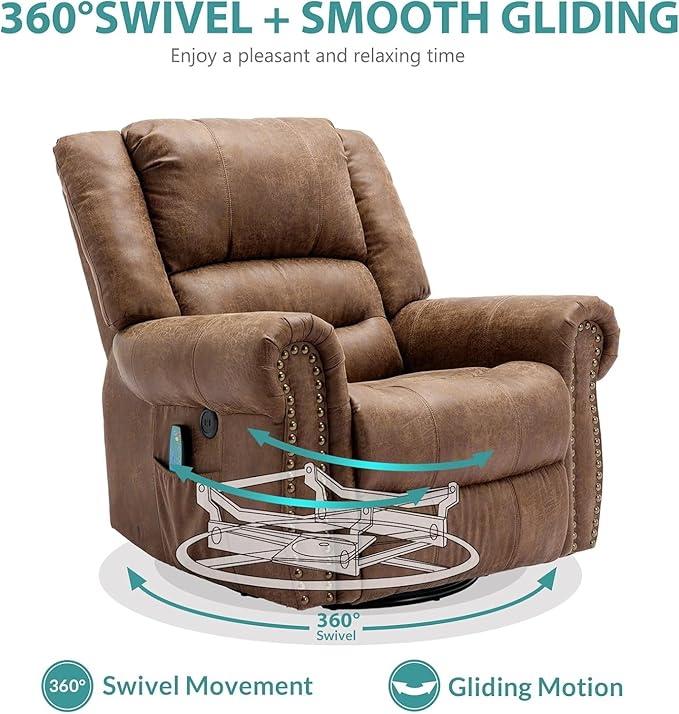 MEETWARM Oversized Massage Rocking Recliner Chair with Heat Manual Glider Swivel Rocker Recliner with High Back 360°Swivel Nursery Reclining Sofa with Remote Control/USB Port for Living Room(Brown)