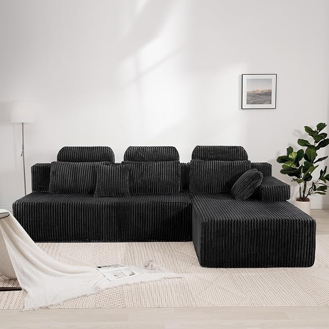 106’’ Sectional Couch with High Backrest L-Shape Modular Sectional Sofa Convertible Left or Right Chaise Cloud Corduroy Boneless Couches Comfortable for Living Room(Black)